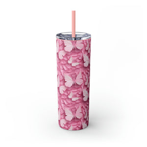 3D Pink Butterfly Skinny Steel Tumbler with Straw, 20oz