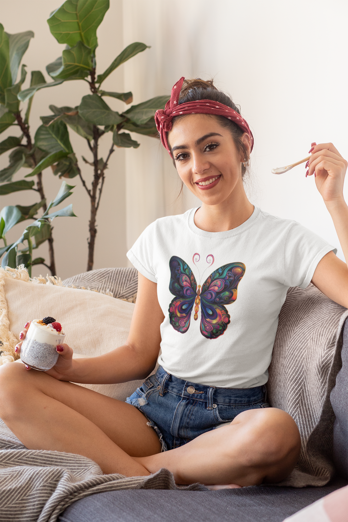 Whimsical Flutter Women's Hand Painted Butterfly Cotton Tee
