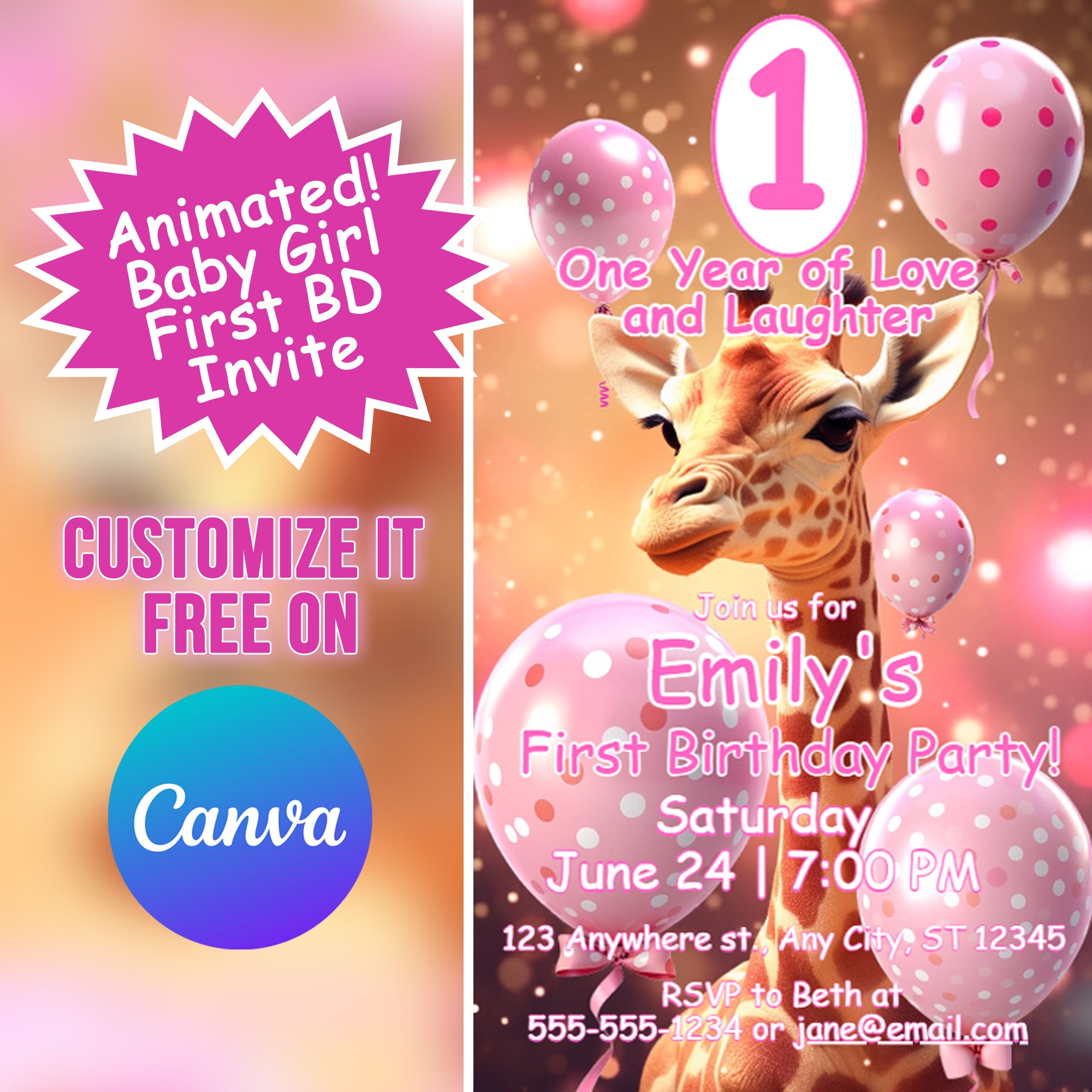 Baby Girl Birthday Party Digital Invitation | Customizable