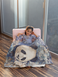 Whimsical Watercolor Panda Bear on a Blue and White Flower Background Blanket