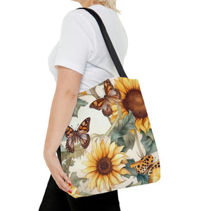 Close-up of Watercolor Painting Design - Sunflowers and Butterflies Tote Bag