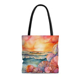 Whimsical Sea Shells and Beach Sunset Tote Bag - Vibrant Watercolor Design - Perfect for Farmers Markets and More