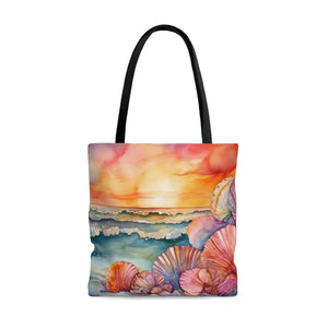 Whimsical Sea Shells and Beach Sunset Tote Bag - Vibrant Watercolor Design - Perfect for Farmers Markets and More